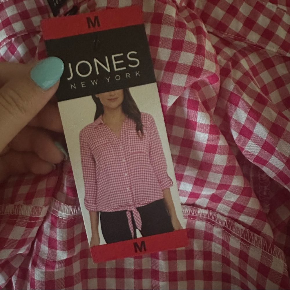 Jones New York || baby pink gingham tie front button down blouse - Picture 6 of 8